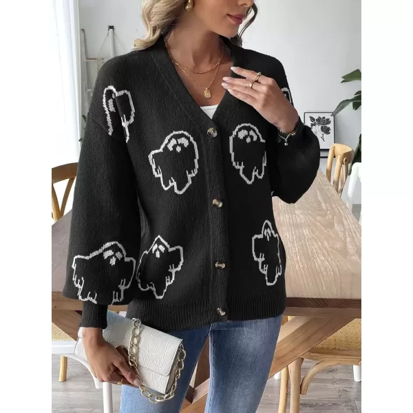 imagechouyatou Womens Ghost Button Down Cardigan Y2k Cartoon Color Block Cardigan Sweater OutwearBlack