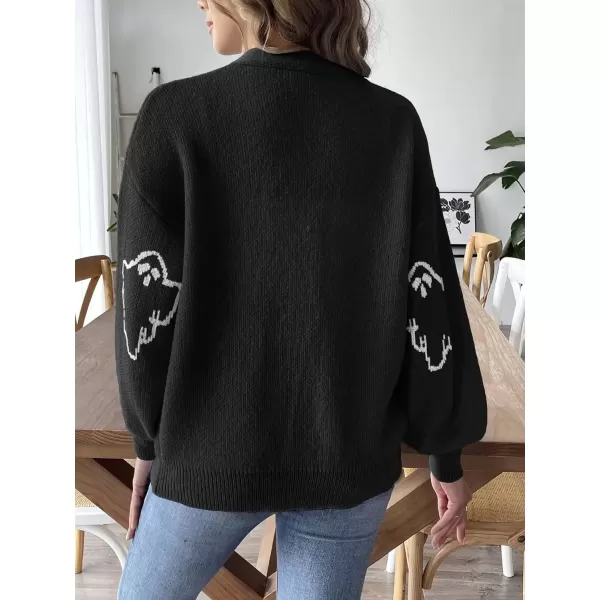 imagechouyatou Womens Ghost Button Down Cardigan Y2k Cartoon Color Block Cardigan Sweater OutwearBlack