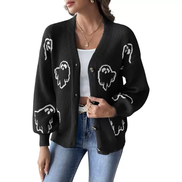 imagechouyatou Womens Ghost Button Down Cardigan Y2k Cartoon Color Block Cardigan Sweater OutwearBlack