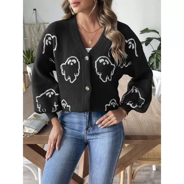 imagechouyatou Womens Ghost Button Down Cardigan Y2k Cartoon Color Block Cardigan Sweater OutwearBlack