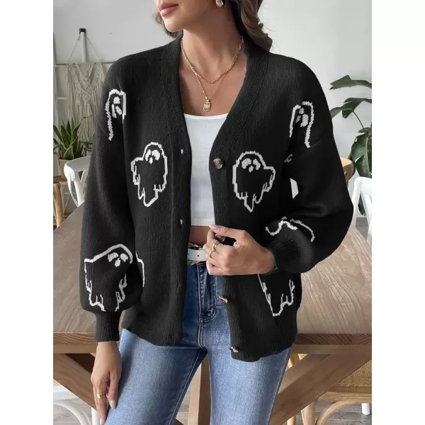 imagechouyatou Womens Ghost Button Down Cardigan Y2k Cartoon Color Block Cardigan Sweater OutwearBlack