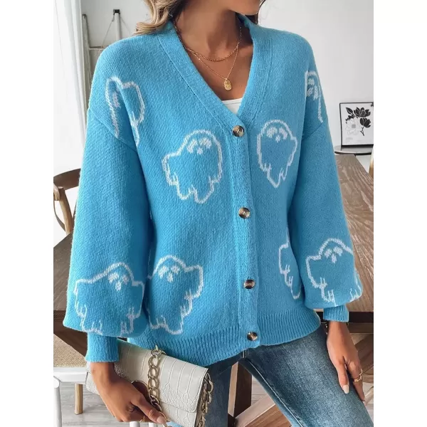 imagechouyatou Womens Ghost Button Down Cardigan Y2k Cartoon Color Block Cardigan Sweater OutwearBlue