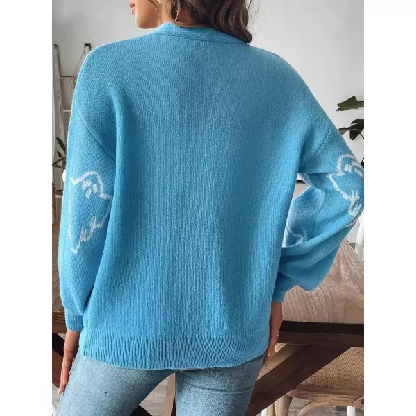 imagechouyatou Womens Ghost Button Down Cardigan Y2k Cartoon Color Block Cardigan Sweater OutwearBlue