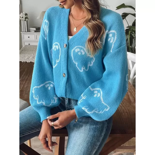 imagechouyatou Womens Ghost Button Down Cardigan Y2k Cartoon Color Block Cardigan Sweater OutwearBlue
