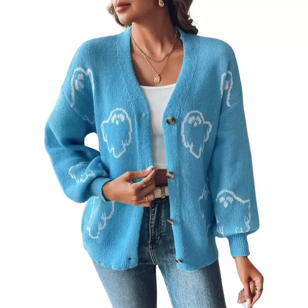 imagechouyatou Womens Ghost Button Down Cardigan Y2k Cartoon Color Block Cardigan Sweater OutwearBlue