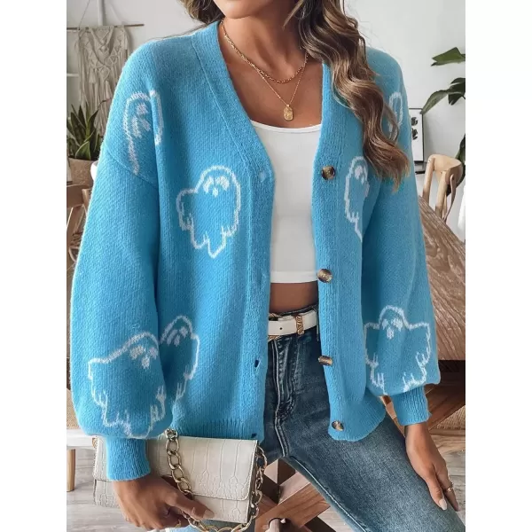 imagechouyatou Womens Ghost Button Down Cardigan Y2k Cartoon Color Block Cardigan Sweater OutwearBlue