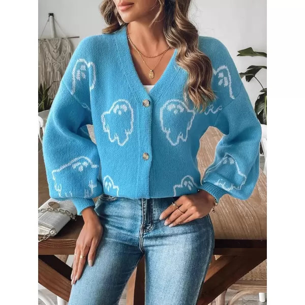 imagechouyatou Womens Ghost Button Down Cardigan Y2k Cartoon Color Block Cardigan Sweater OutwearBlue