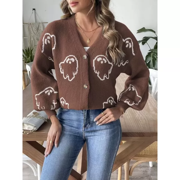 imagechouyatou Womens Ghost Button Down Cardigan Y2k Cartoon Color Block Cardigan Sweater OutwearBrown
