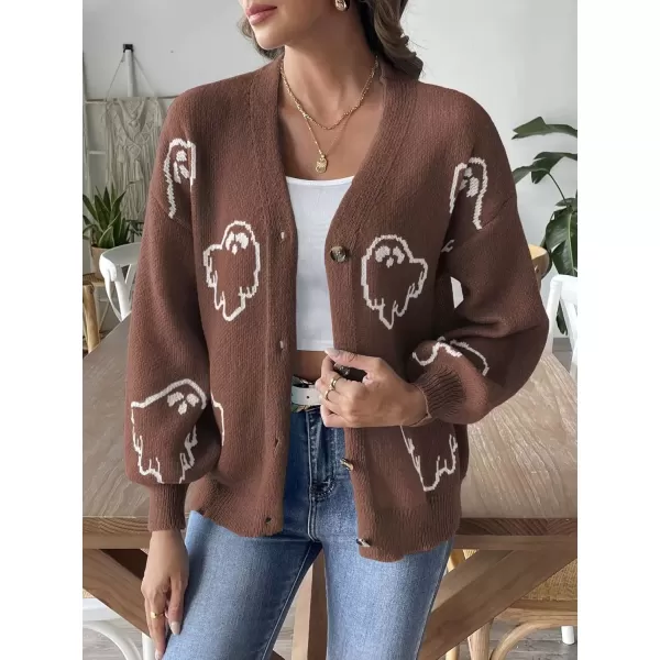 imagechouyatou Womens Ghost Button Down Cardigan Y2k Cartoon Color Block Cardigan Sweater OutwearBrown
