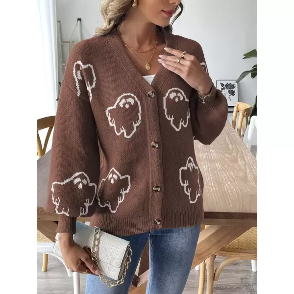 imagechouyatou Womens Ghost Button Down Cardigan Y2k Cartoon Color Block Cardigan Sweater OutwearBrown