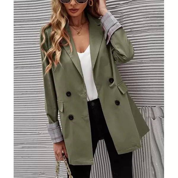imagechouyatou Womens Office Notch Lapel Double Breasted Work Suit Blazer Jacket Trench CoatArmy Green