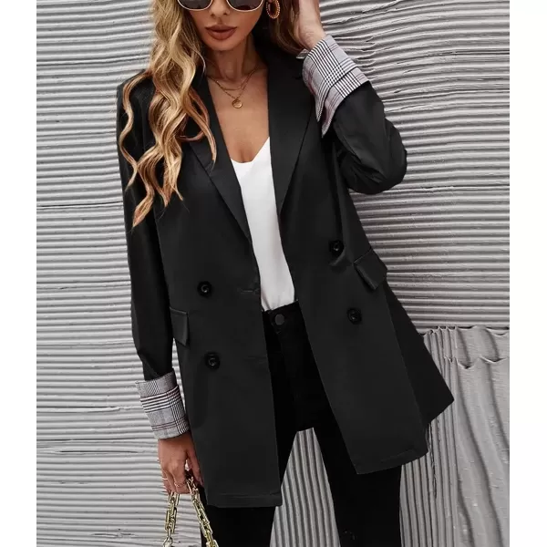 imagechouyatou Womens Office Notch Lapel Double Breasted Work Suit Blazer Jacket Trench CoatBlack