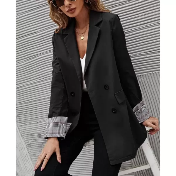 imagechouyatou Womens Office Notch Lapel Double Breasted Work Suit Blazer Jacket Trench CoatBlack