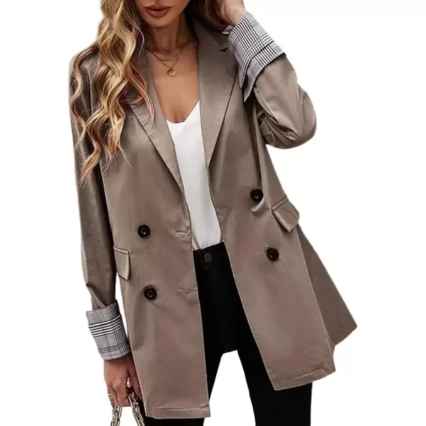 imagechouyatou Womens Office Notch Lapel Double Breasted Work Suit Blazer Jacket Trench CoatKhaki