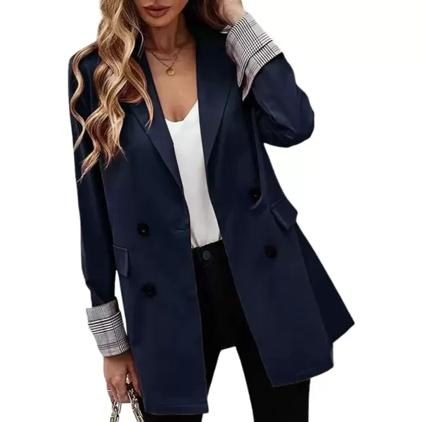 imagechouyatou Womens Office Notch Lapel Double Breasted Work Suit Blazer Jacket Trench CoatNavy Blue