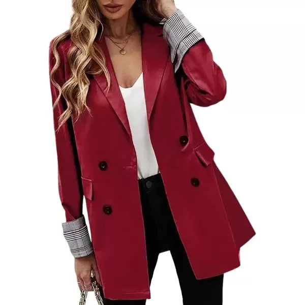 imagechouyatou Womens Office Notch Lapel Double Breasted Work Suit Blazer Jacket Trench CoatWine Red