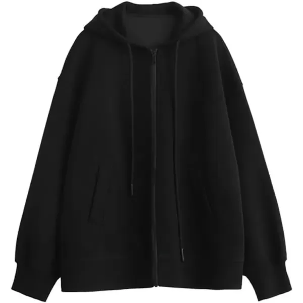 imagechouyatou Womens Oversized Zip Up Thickened Hoodie Fall Winter Long Sleeve Hooded Jackets SweatshirtBlack
