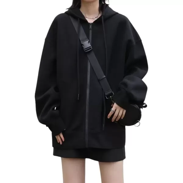 imagechouyatou Womens Oversized Zip Up Thickened Hoodie Fall Winter Long Sleeve Hooded Jackets SweatshirtBlack