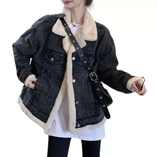 imagechouyatou Womens Reversible Warm Sherpa Notched Collar Jean Jacket Faux Fur Denim Coat Trucker JacketBlack