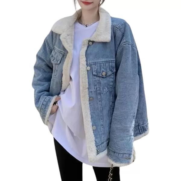 imagechouyatou Womens Reversible Warm Sherpa Notched Collar Jean Jacket Faux Fur Denim Coat Trucker JacketBlue