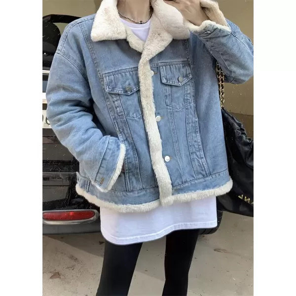 imagechouyatou Womens Reversible Warm Sherpa Notched Collar Jean Jacket Faux Fur Denim Coat Trucker JacketBlue