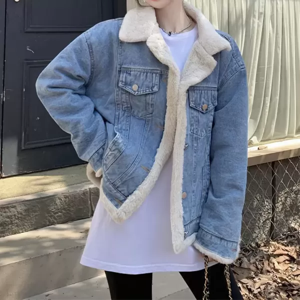imagechouyatou Womens Reversible Warm Sherpa Notched Collar Jean Jacket Faux Fur Denim Coat Trucker JacketBlue