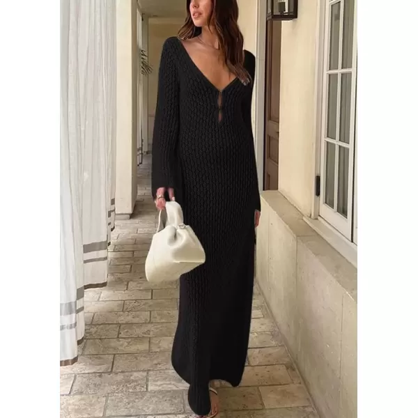 imagechouyatou Womens Sexy Eyelet Knitted Maxi Dress Summer VNeck Cut Out Beach Cover Ups Bodycon DressBlack