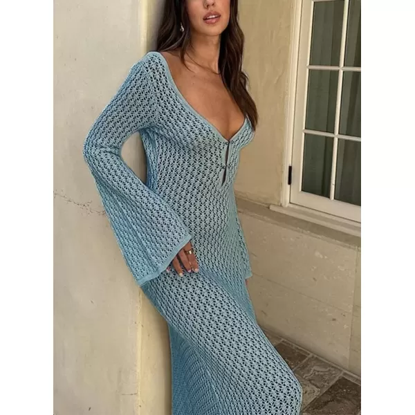 imagechouyatou Womens Sexy Eyelet Knitted Maxi Dress Summer VNeck Cut Out Beach Cover Ups Bodycon DressBlue