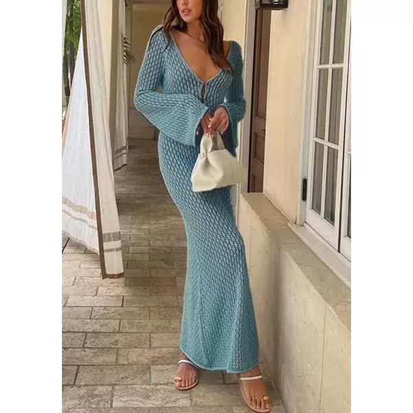 imagechouyatou Womens Sexy Eyelet Knitted Maxi Dress Summer VNeck Cut Out Beach Cover Ups Bodycon DressBlue