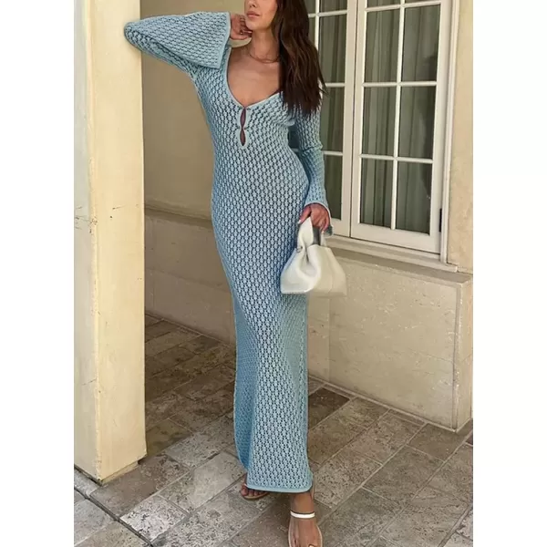 imagechouyatou Womens Sexy Eyelet Knitted Maxi Dress Summer VNeck Cut Out Beach Cover Ups Bodycon DressBlue
