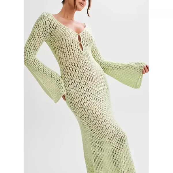 imagechouyatou Womens Sexy Eyelet Knitted Maxi Dress Summer VNeck Cut Out Beach Cover Ups Bodycon DressLight Green