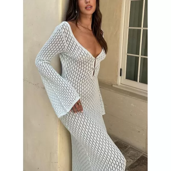 imagechouyatou Womens Sexy Eyelet Knitted Maxi Dress Summer VNeck Cut Out Beach Cover Ups Bodycon DressWhite