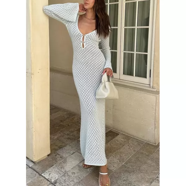 imagechouyatou Womens Sexy Eyelet Knitted Maxi Dress Summer VNeck Cut Out Beach Cover Ups Bodycon DressWhite