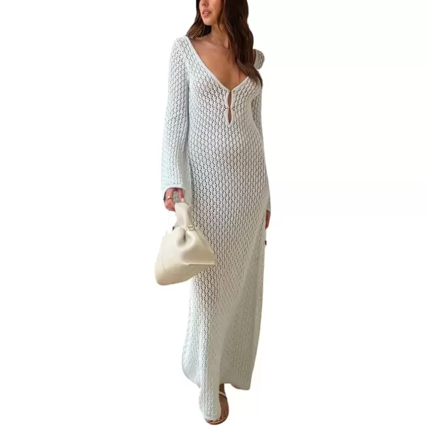 imagechouyatou Womens Sexy Eyelet Knitted Maxi Dress Summer VNeck Cut Out Beach Cover Ups Bodycon DressWhite