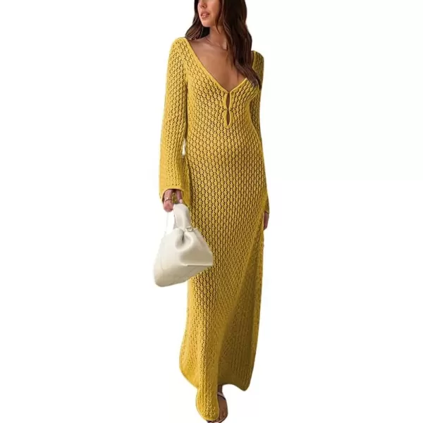 imagechouyatou Womens Sexy Eyelet Knitted Maxi Dress Summer VNeck Cut Out Beach Cover Ups Bodycon DressYellow