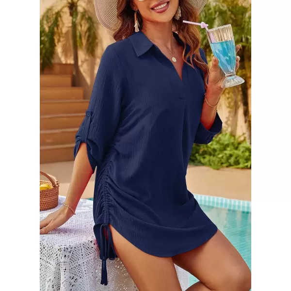 imagechouyatou Womens Sexy V Neck Cover Up Dress Rollup Sleeve Blouse Tops Summer Beach Shirt DressNavy Blue