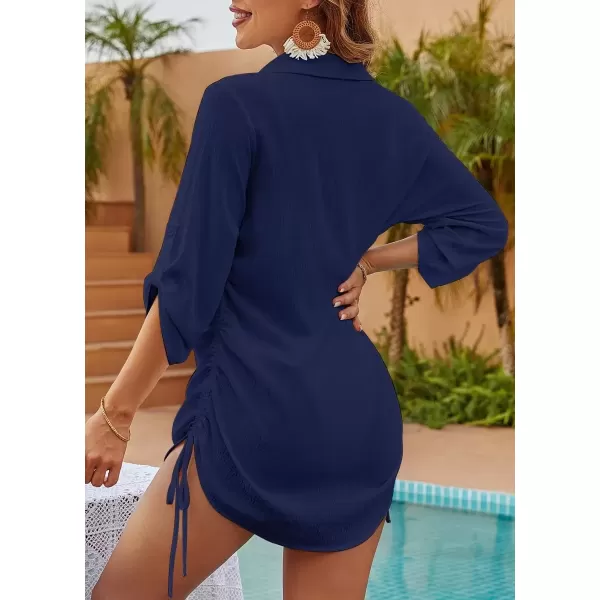 imagechouyatou Womens Sexy V Neck Cover Up Dress Rollup Sleeve Blouse Tops Summer Beach Shirt DressNavy Blue
