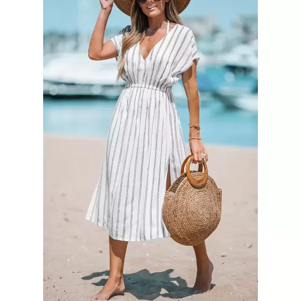 imagechouyatou Womens Summer Boho Stripe Midi Dress Cover Ups Loose Cap Sleeve VNeck Beach Tunic DressWhite