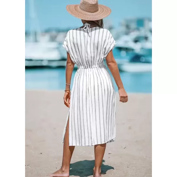 imagechouyatou Womens Summer Boho Stripe Midi Dress Cover Ups Loose Cap Sleeve VNeck Beach Tunic DressWhite