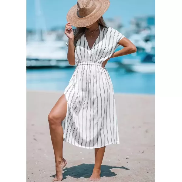 imagechouyatou Womens Summer Boho Stripe Midi Dress Cover Ups Loose Cap Sleeve VNeck Beach Tunic DressWhite