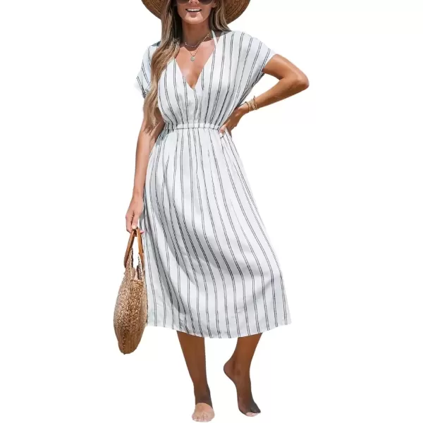 imagechouyatou Womens Summer Boho Stripe Midi Dress Cover Ups Loose Cap Sleeve VNeck Beach Tunic DressWhite