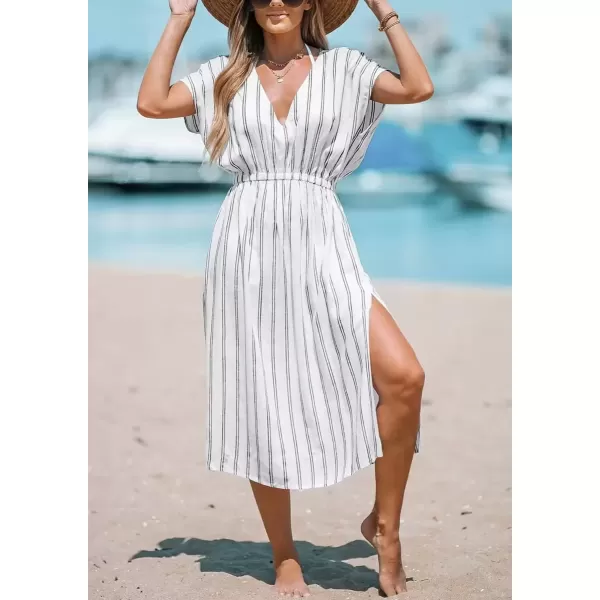 imagechouyatou Womens Summer Boho Stripe Midi Dress Cover Ups Loose Cap Sleeve VNeck Beach Tunic DressWhite
