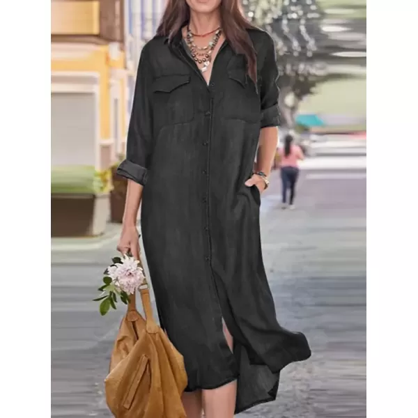 imagechouyatou Womens Summer Casual Denim Shirt Dress Roll Up Long Sleeve Loose Maxi Shift Jean DressBlack