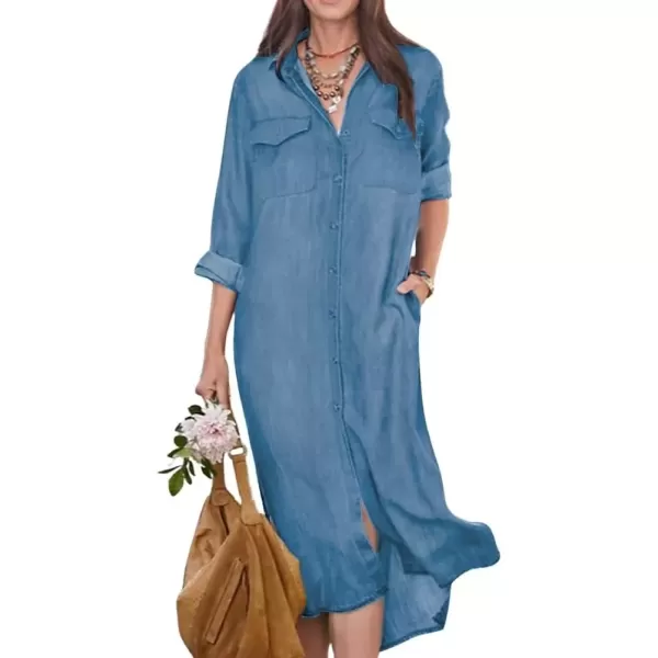 imagechouyatou Womens Summer Casual Denim Shirt Dress Roll Up Long Sleeve Loose Maxi Shift Jean DressBlue