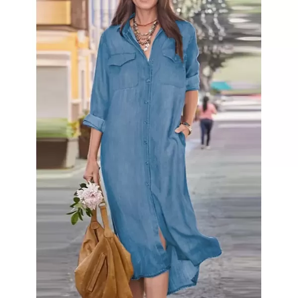imagechouyatou Womens Summer Casual Denim Shirt Dress Roll Up Long Sleeve Loose Maxi Shift Jean DressBlue