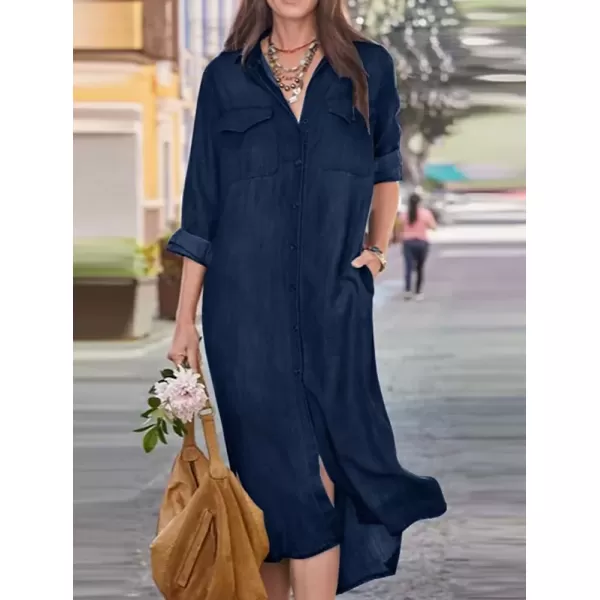 imagechouyatou Womens Summer Casual Denim Shirt Dress Roll Up Long Sleeve Loose Maxi Shift Jean DressDark Blue