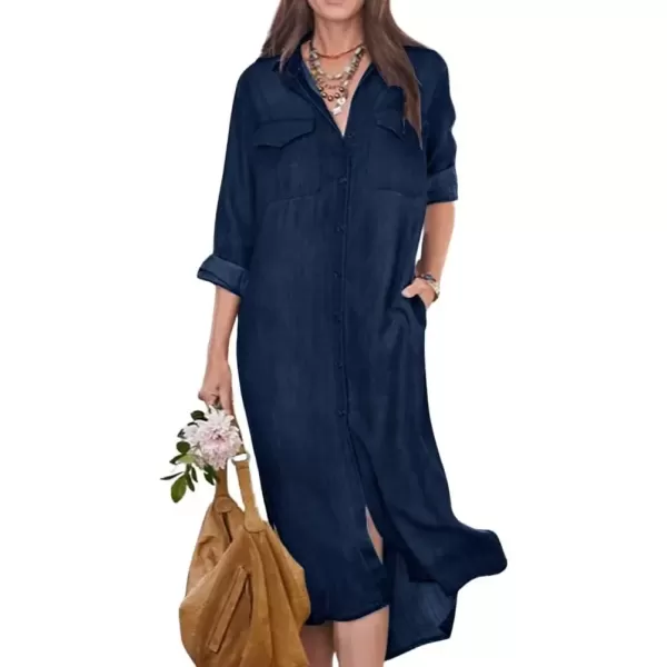 imagechouyatou Womens Summer Casual Denim Shirt Dress Roll Up Long Sleeve Loose Maxi Shift Jean DressDark Blue