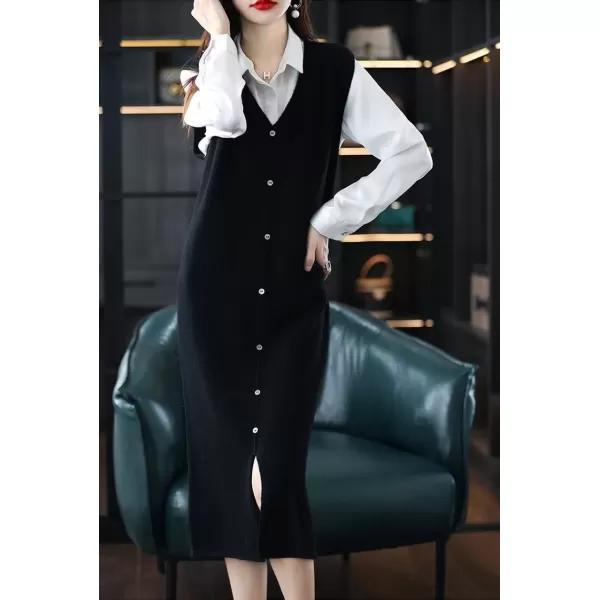 imagechouyatou Womens Sweater Vest Long Dress Elegant Below Knee Sleeveless Knitted Sweater Dress with SlitBlack