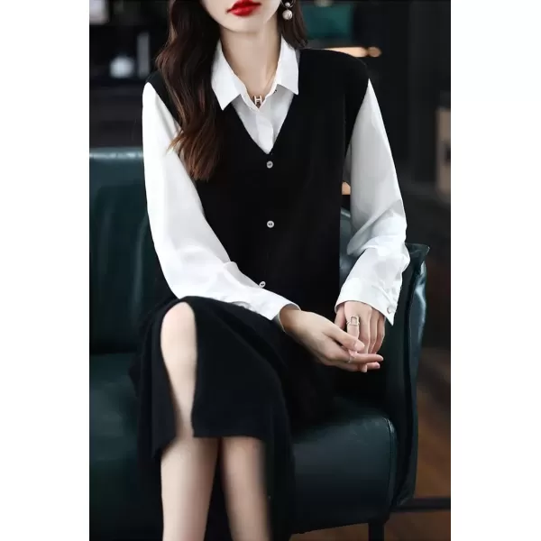 imagechouyatou Womens Sweater Vest Long Dress Elegant Below Knee Sleeveless Knitted Sweater Dress with SlitBlack