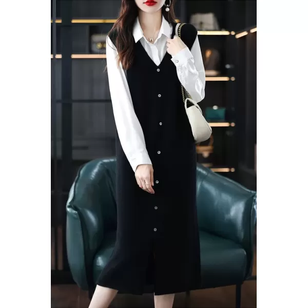 imagechouyatou Womens Sweater Vest Long Dress Elegant Below Knee Sleeveless Knitted Sweater Dress with SlitBlack